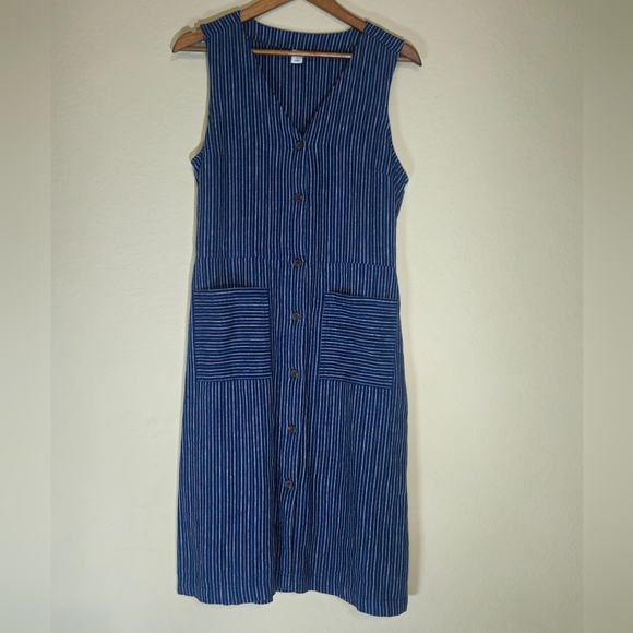 Old Navy Dresses & Skirts - Old Navy Linen Blend Dress Womens Medium Blue White Nautical Stripe Patch Pocket